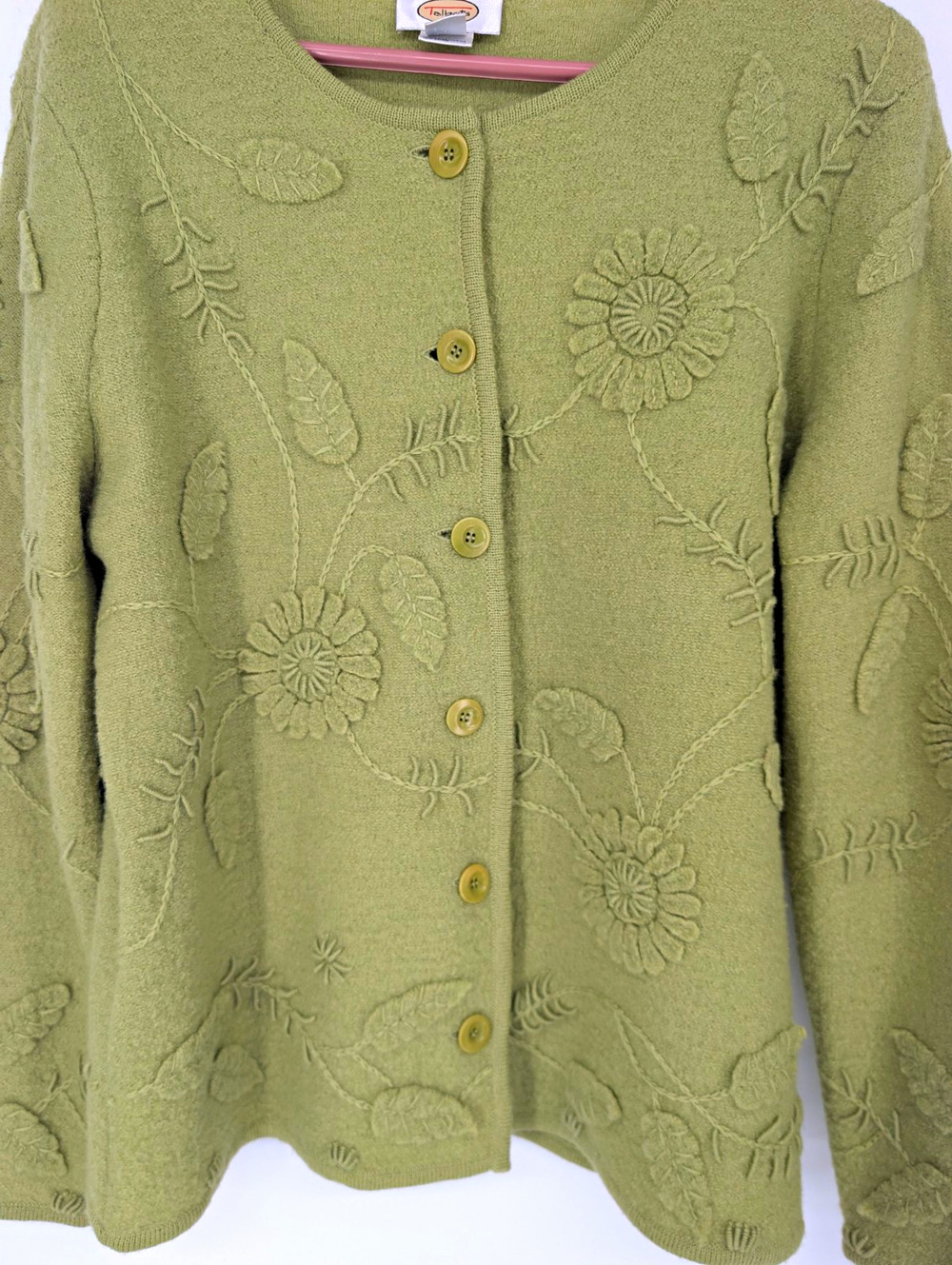 Vintage Talbots Women’s M 100% Wool Cardigan Green Floral 3D Detailing Sweater